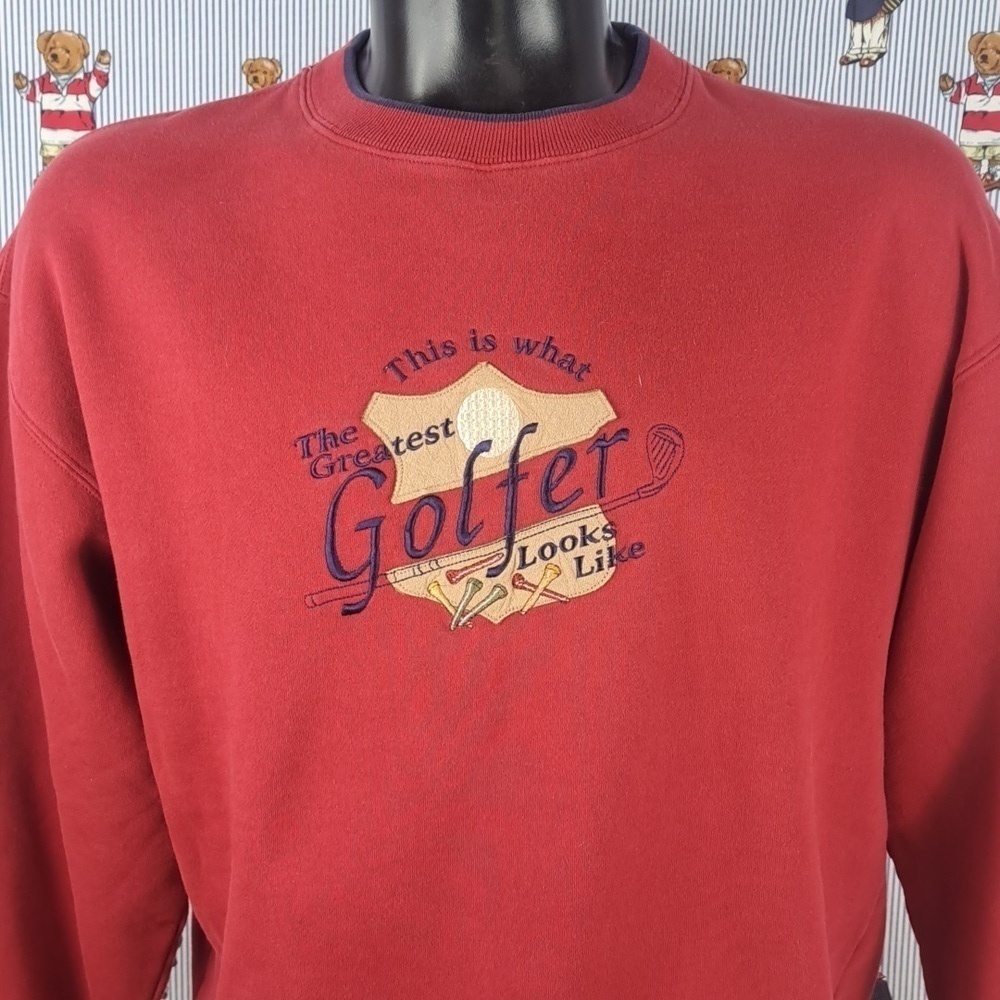 Y2K Greatest Golfer embroidered & patched golf spellout XL burgundy  sweatshirt
